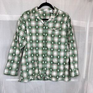 Vintage green gingham pajama shirt teddy bear embroidery holiday cozy sz Md
